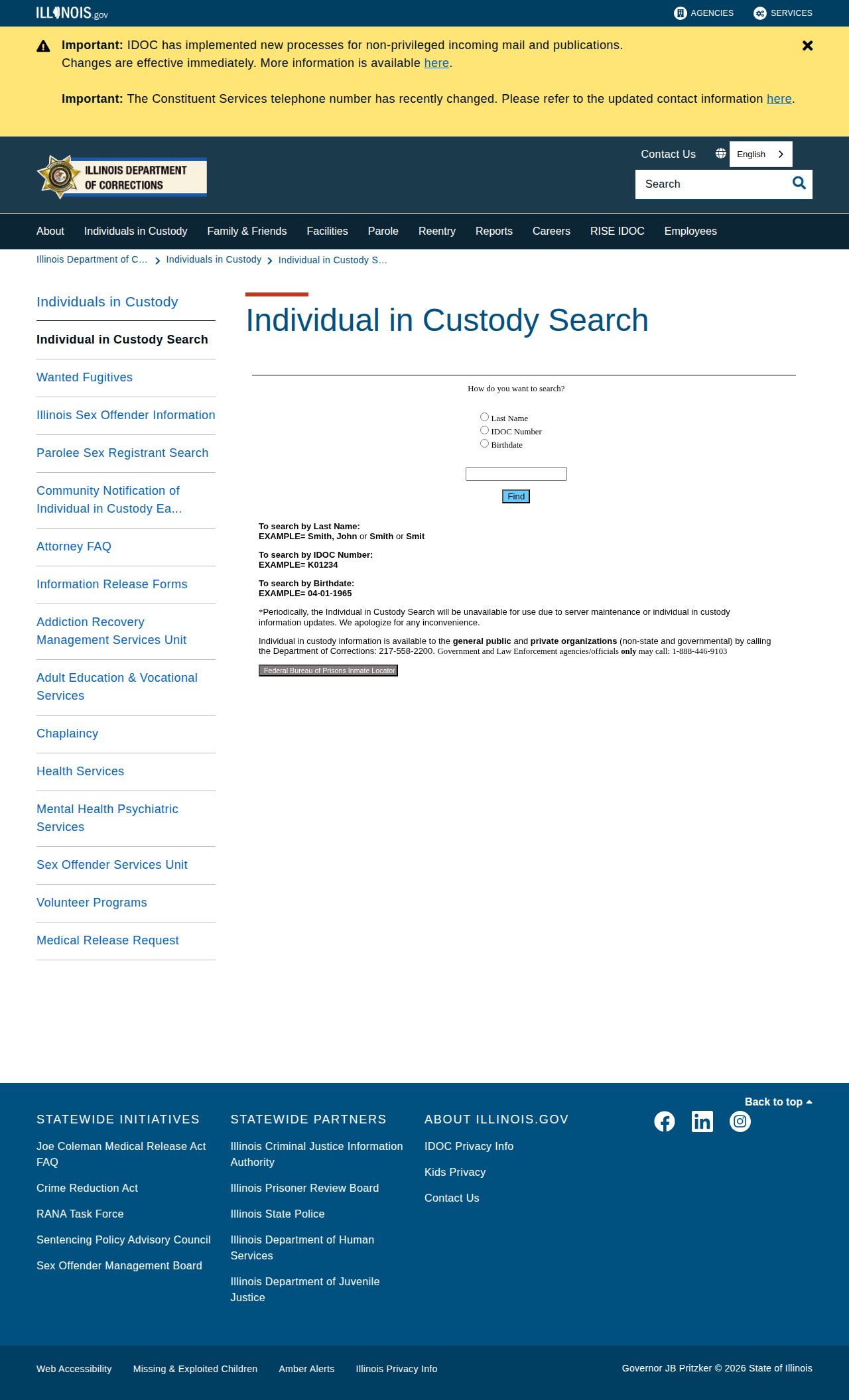 Illinois Department of Corrections search landing page for Pulaski County state-prison cases